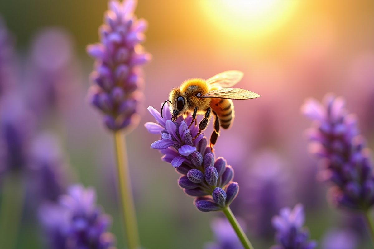 Gros plan d'une abeille sur des fleurs de lavande ensoleillee