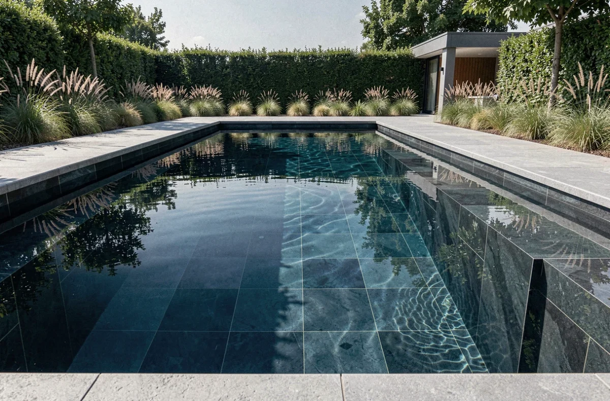 Piscine aux carreaux sombres évoquant les profondeurs marines, réalisée par Abysse en Vendée