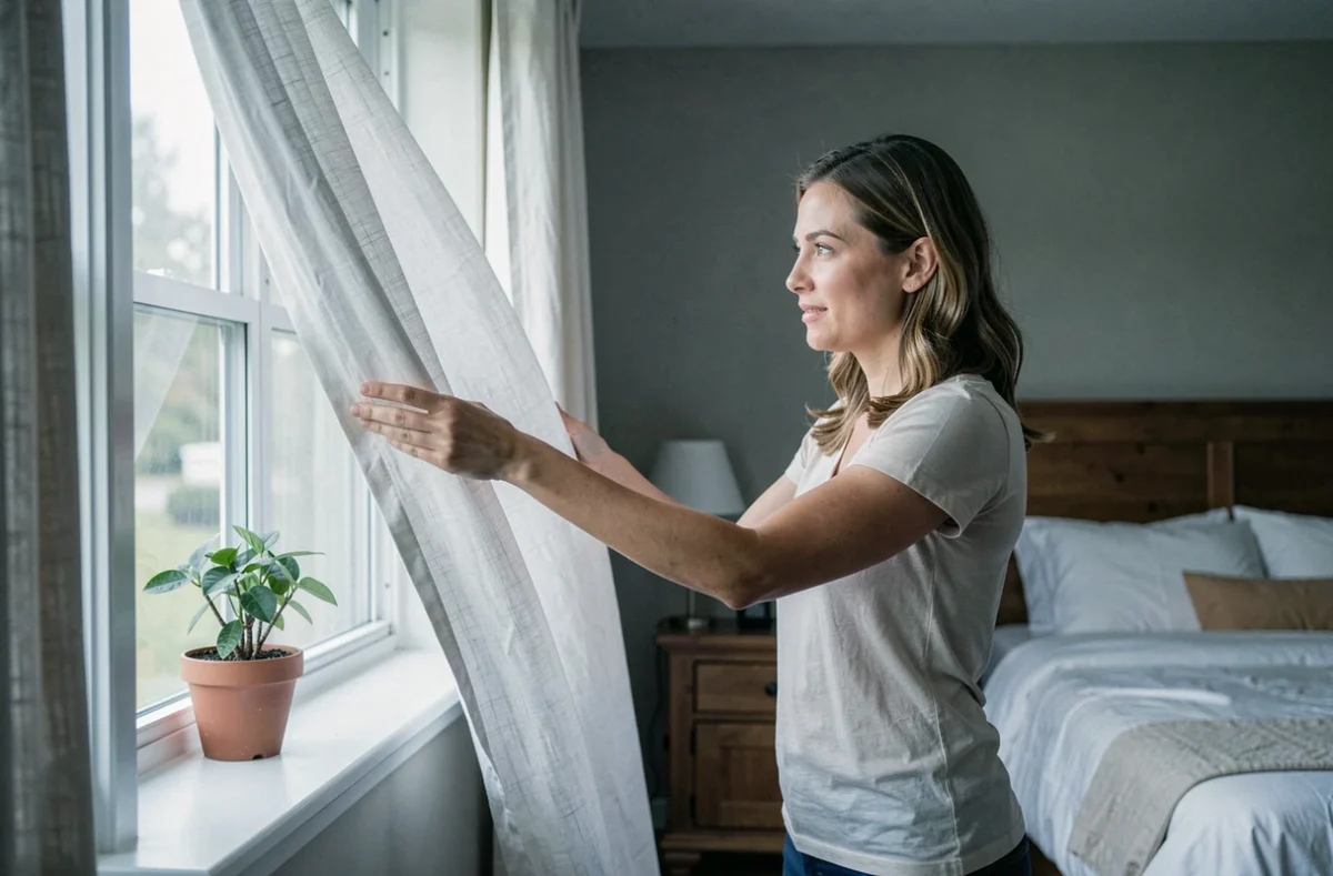 Femme aérant une chambre après traitement insecticide Aedex Ec en ouvrant la fenêtre pour assurer la sécurité familiale