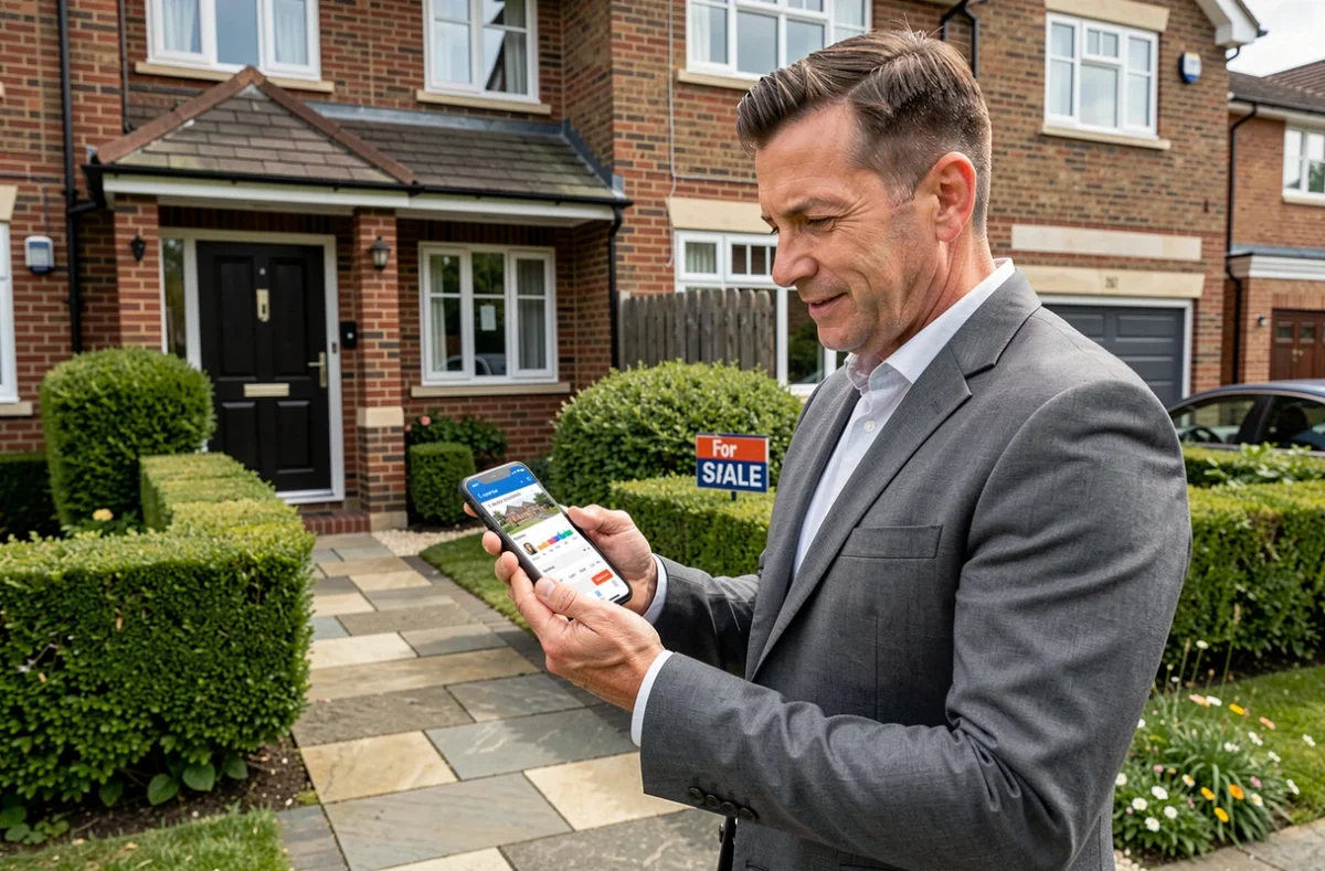 Agent immobilier consultant l'application lamaison360 devant une maison à vendre en extérieur