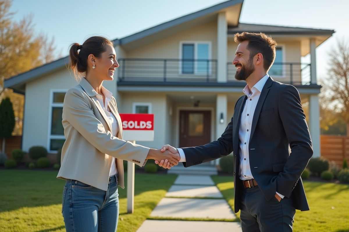 Agent immobilier serrant la main de nouveaux propriétaires heureux