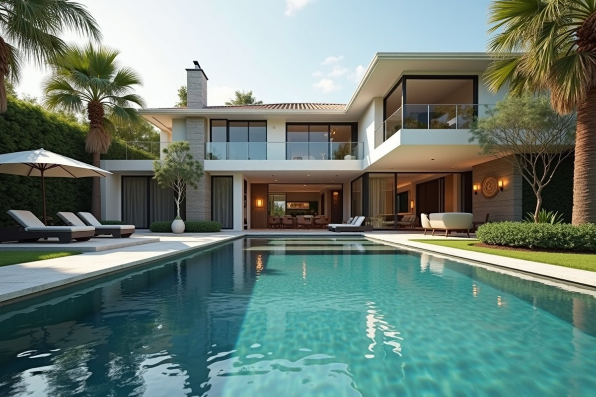 Agent immobilier montrant une maison avec piscine et verdure