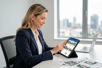 Agente immobilière utilisant l'application mobile lamaison360 sur tablette dans un bureau moderne