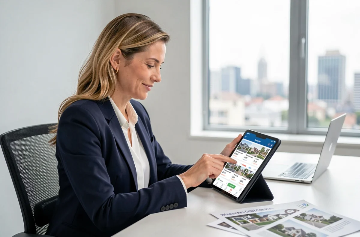 Agente immobilière utilisant l'application mobile lamaison360 sur tablette dans un bureau moderne