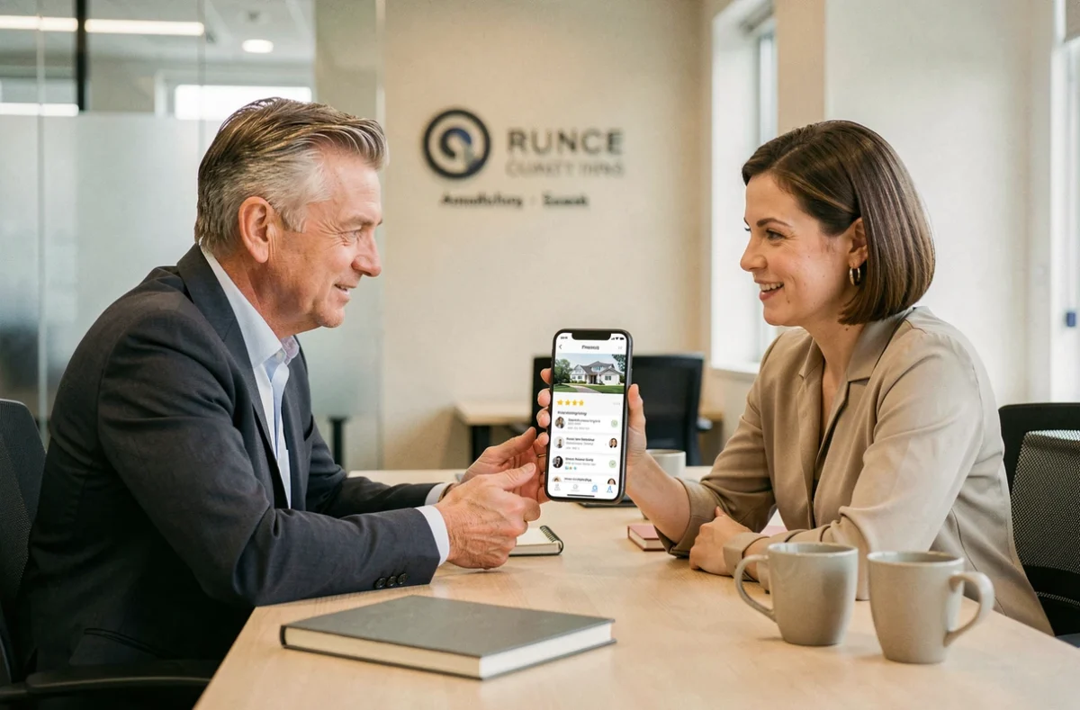 Deux agents immobiliers discutant des avis et prix de l'application lamaison360 en réunion