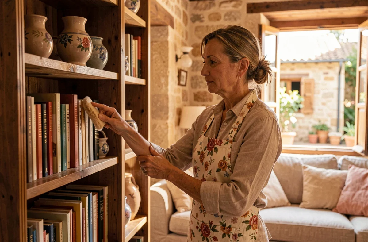 Aide ménagère dépoussiérant une bibliothèque en bois dans un intérieur provençal chaleureux à Aix-en-Provence