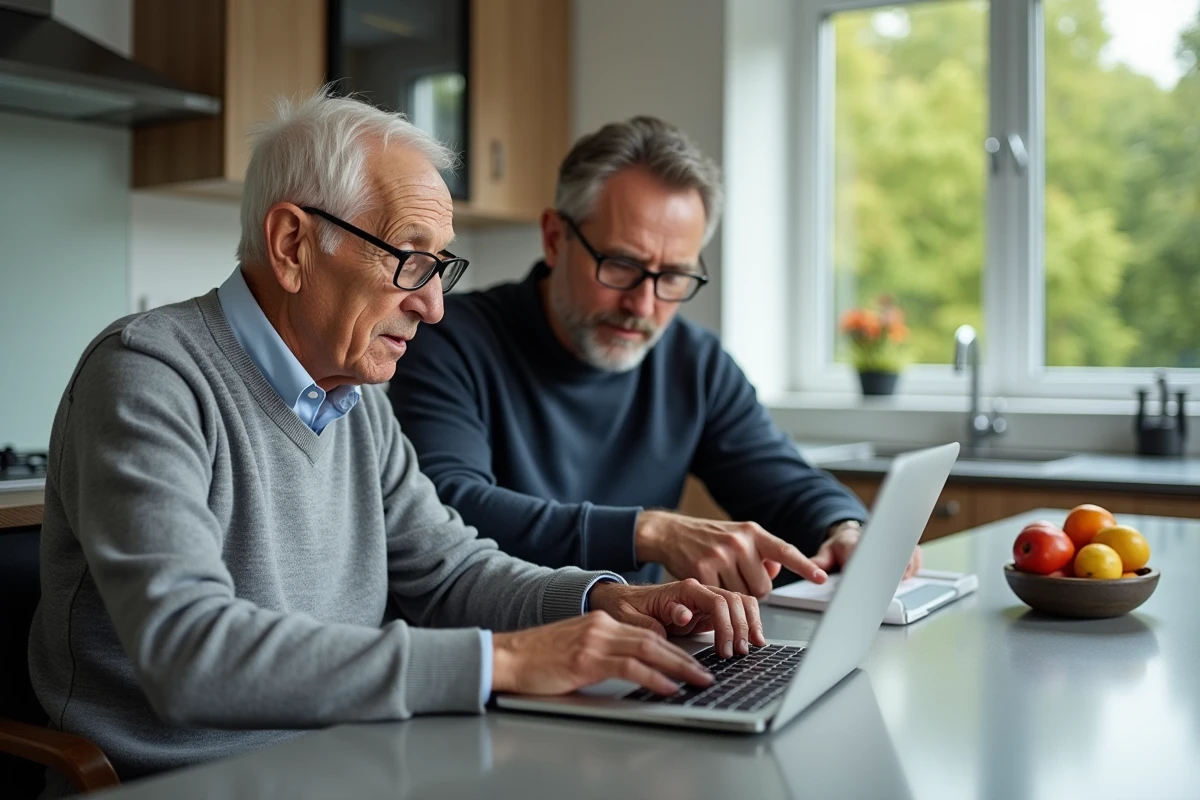 Aide aidant assistante avec personne âgée sur ordinateur en cuisine