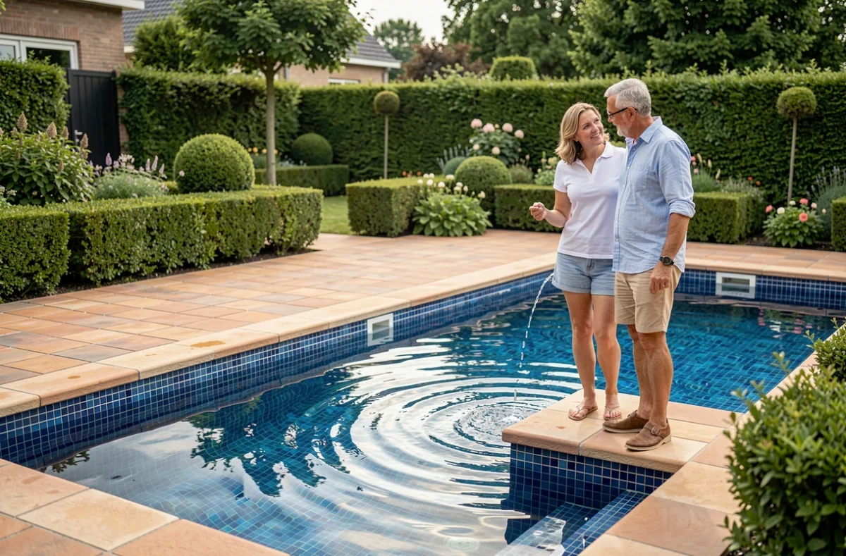 Couple admirant leur piscine en mosaïque bleue réalisée par Alliance Piscines Vendée