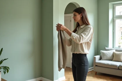 Femme décoratrice comparant des échantillons de tissu dans un salon scandinave au style épuré et moderne