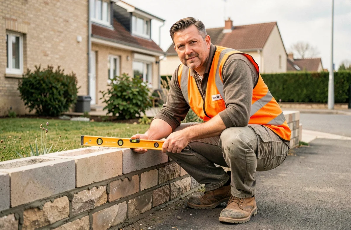 Maçon posant des parpaings sur un chantier résidentiel à Champigny-sur-Marne pour l'entreprise AMT