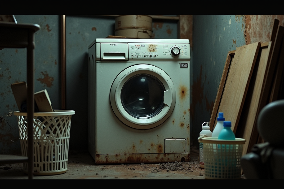 Ancien lave-linge dans un sous-sol usé et sombre