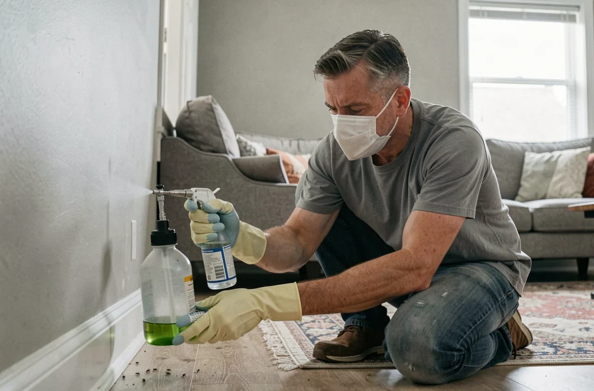 Homme portant des gants de protection appliquant l'Aedex Ec le long des plinthes d'un salon en respectant les consignes de sécurité