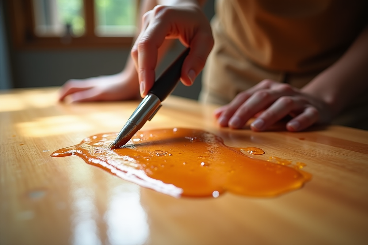Application de resine sur bois avec bulles et adhesion