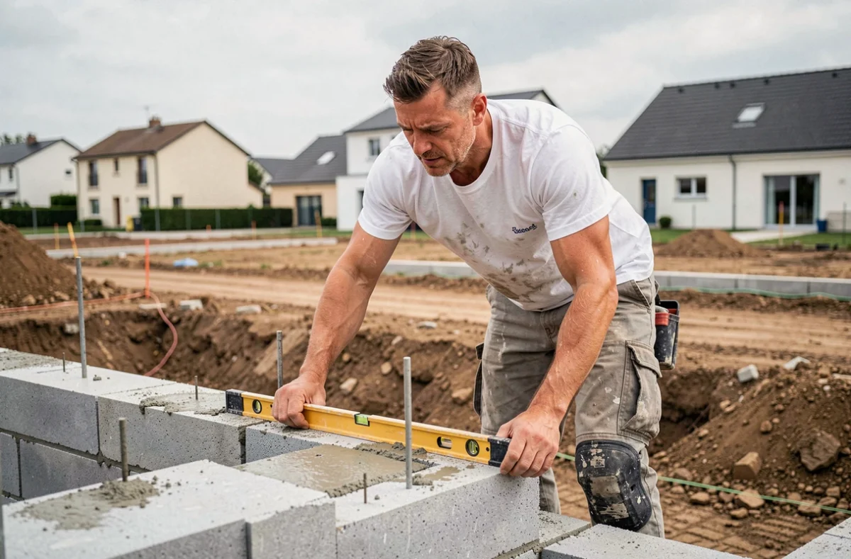 Maçon travaillant sur les fondations d'une construction neuve dans le Val-de-Marne pour AR Construction