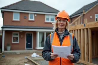 Architecte femme avec plan devant une extension de maison