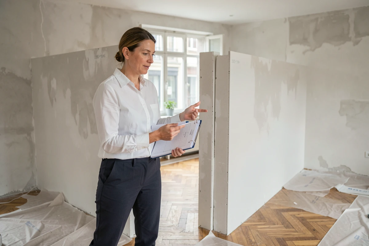 Architecte d'intérieur comparant l'épaisseur de deux cloisons demi-stil dans un appartement en rénovation