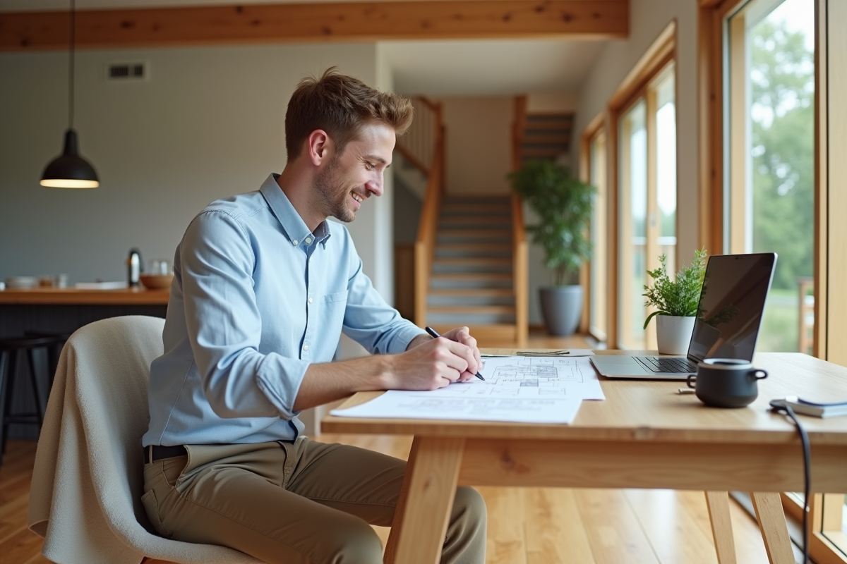 Jeune architecte dessinant budget dans maison moderne