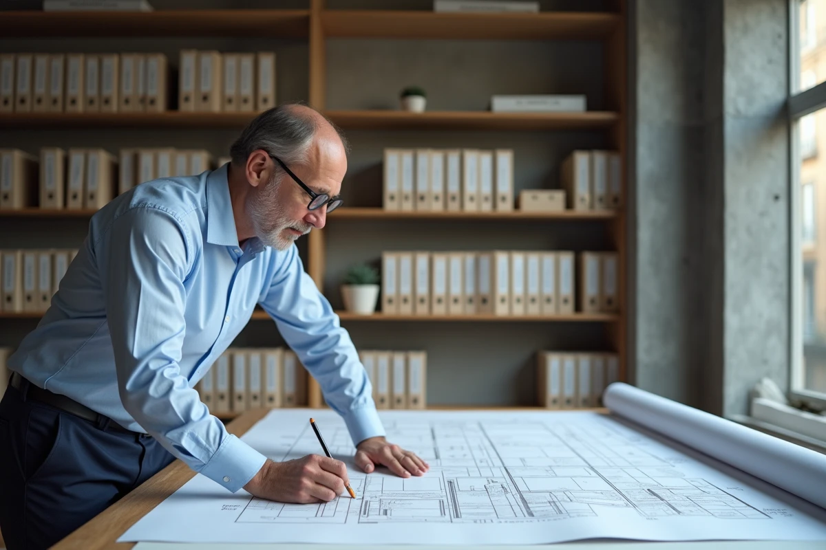 Architecte étudiant les plans techniques liés à la norme NF P01-012 dans un bureau professionnel