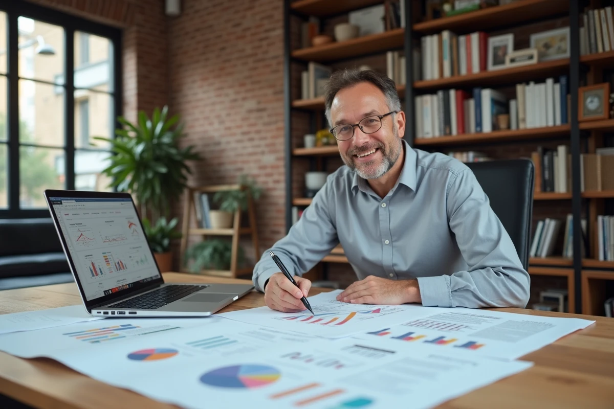 Architecte consultant un plan de financement de rénovation immobilière avec des documents et un ordinateur portable sur son bureau