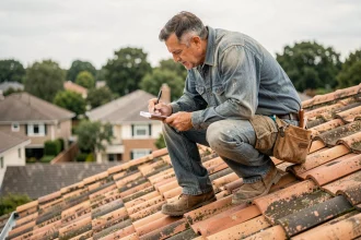 Artisan couvreur inspectant des tuiles en terre cuite sur un toit résidentiel pour établir un devis de toiture au m2