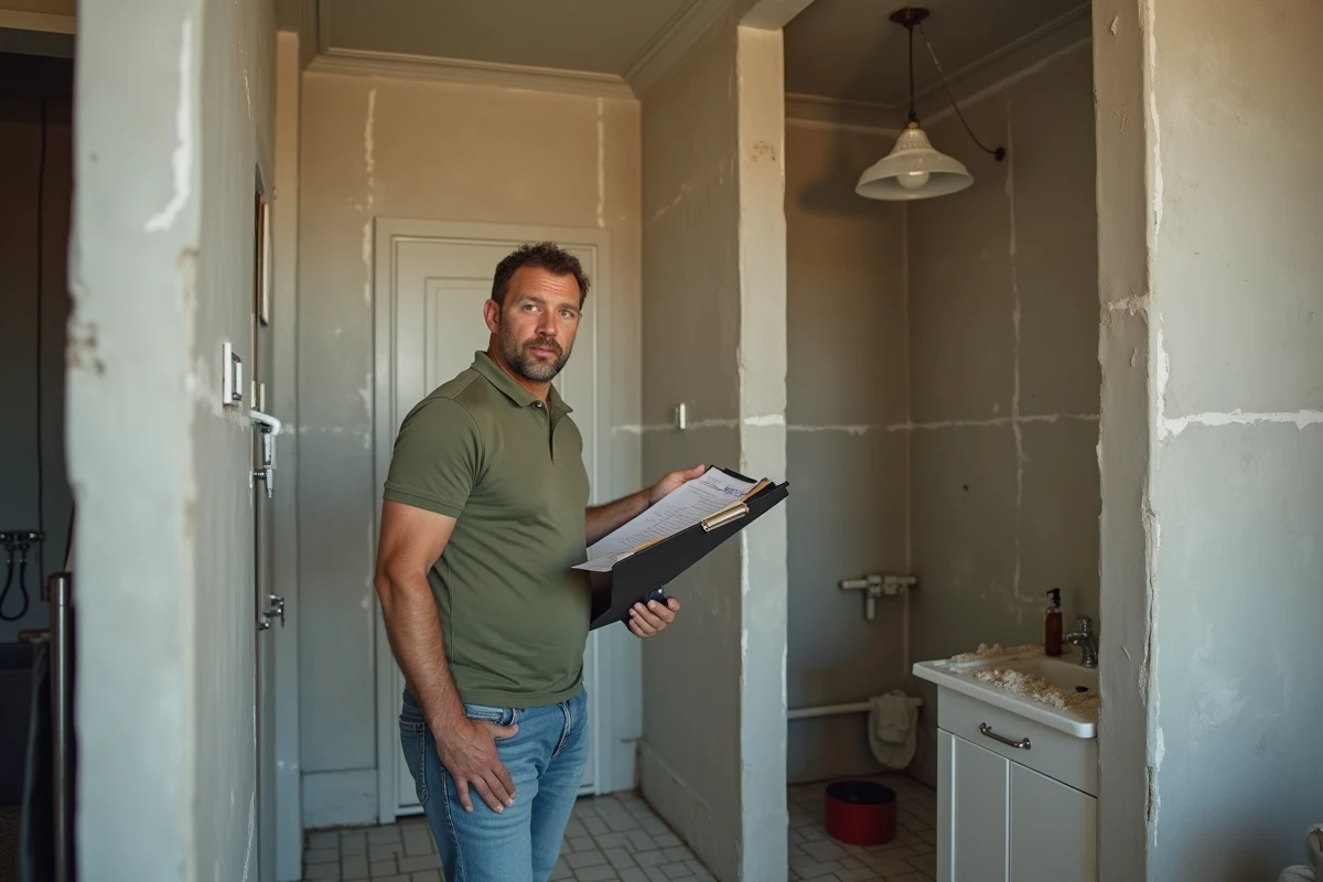 Artisan du bâtiment expliquant un devis travaux détaillé à un propriétaire dans une salle de bain en rénovation