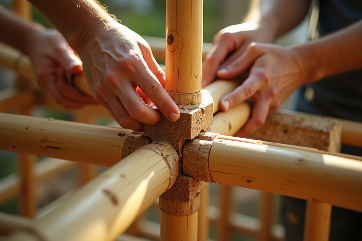 Mains d artisan assemblant des structures en bambou naturel