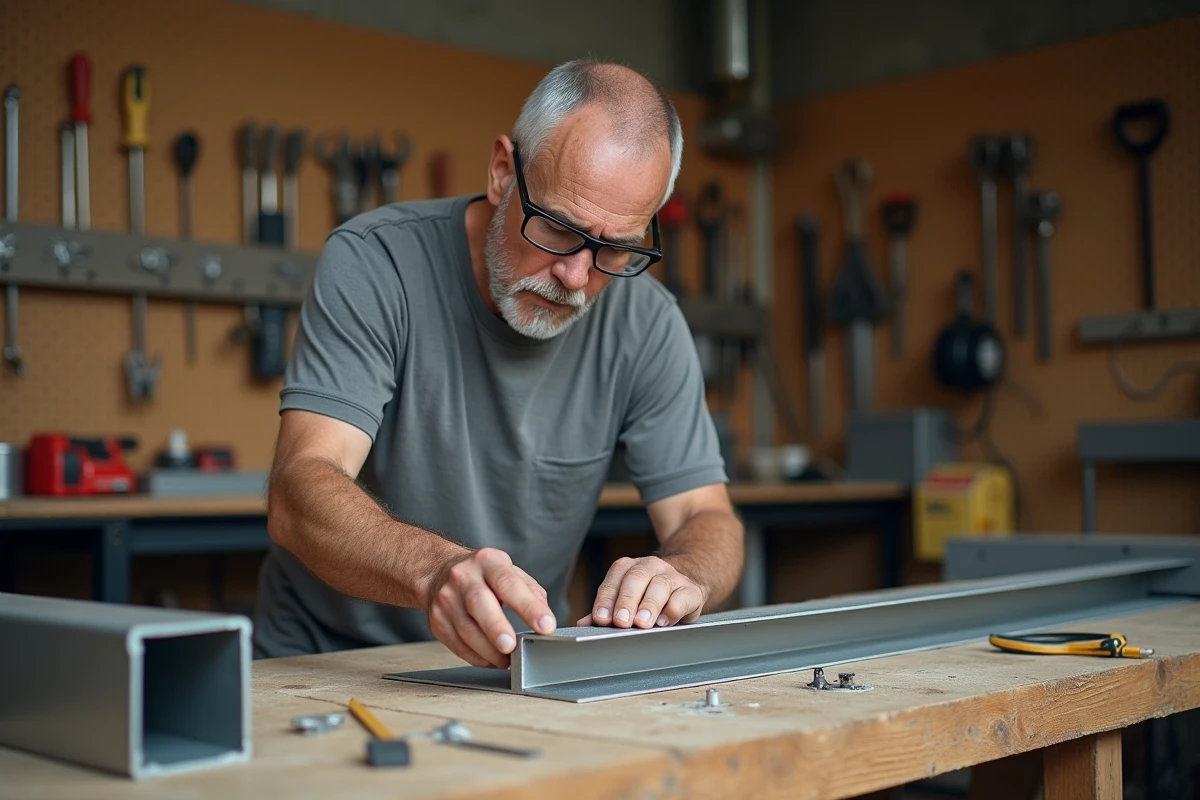 Artisan mesurant un tube aluminium rectangulaire sur un établi de bricolage dans un atelier DIY