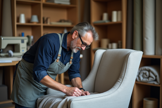 Artisan homme cousant un fauteuil dans un atelier moderne