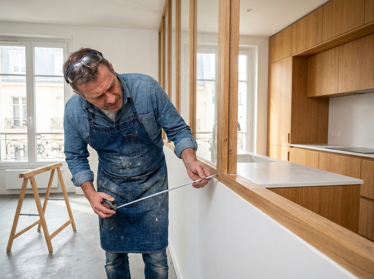 Artisan inspectant une verrière intérieure en bois mal assemblée entre salon et cuisine dans un appartement parisien