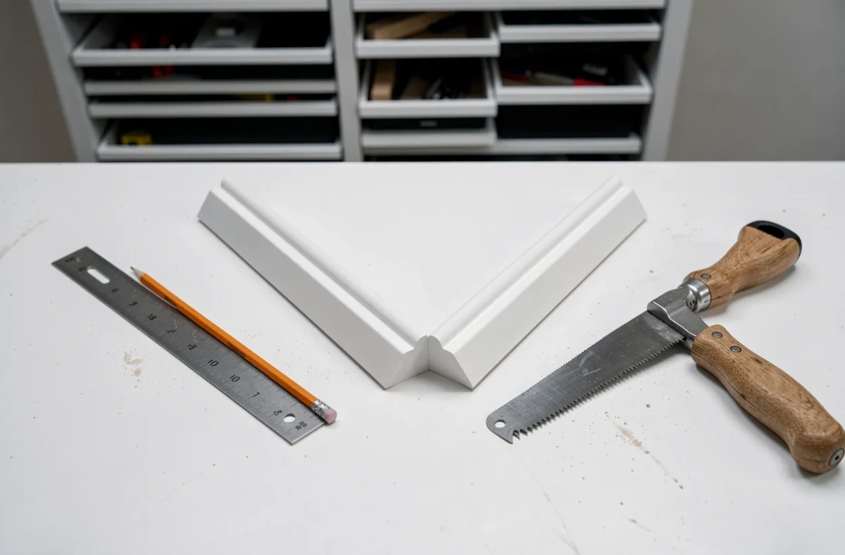 Gros plan sur un assemblage en onglet à 45 degrés de deux plinthes PVC blanches avec équerre et scie à main sur un établi d'atelier