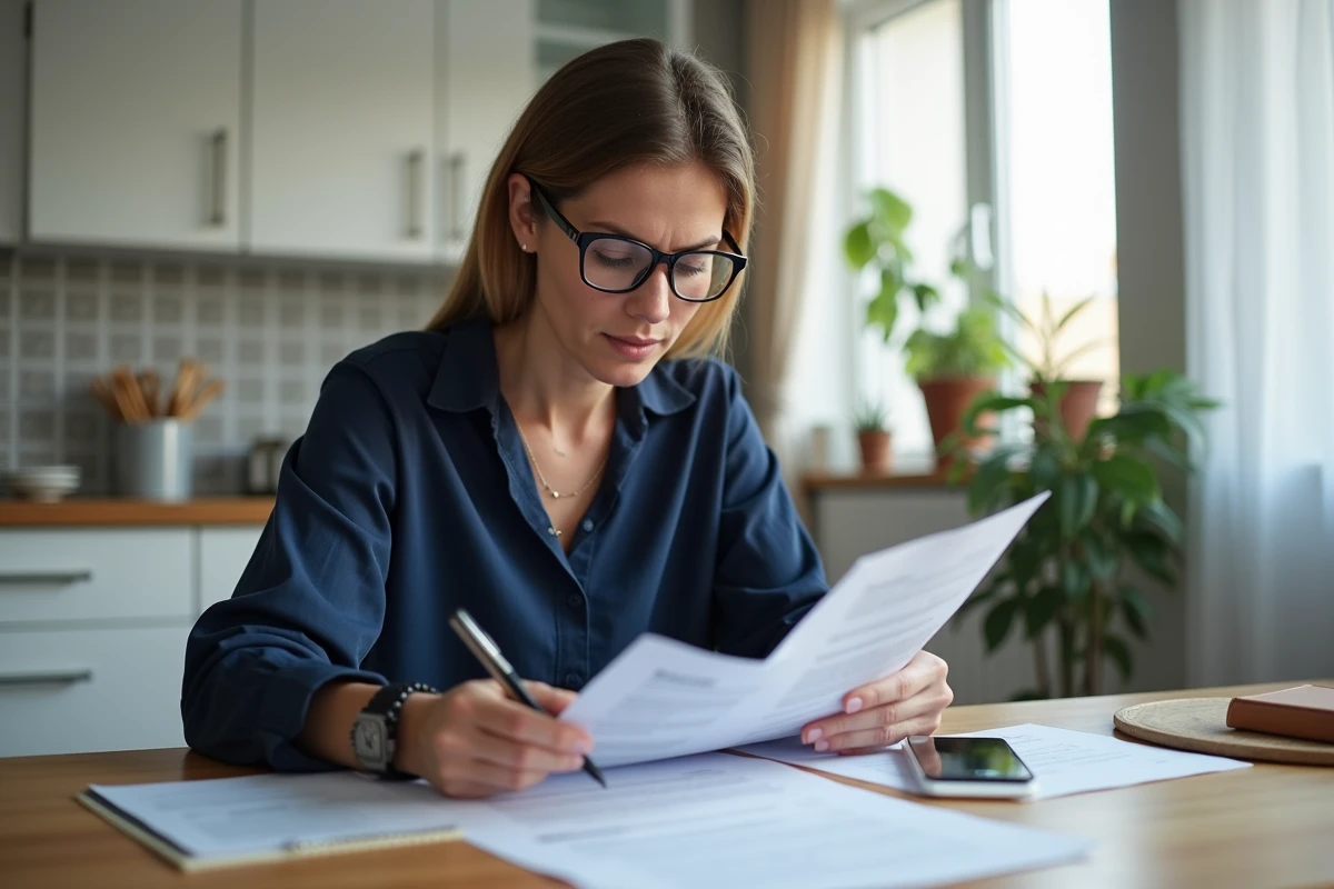 Femme consultant son contrat d'assurance travaux à la table de cuisine pour décider de réparer une fissure de plafond