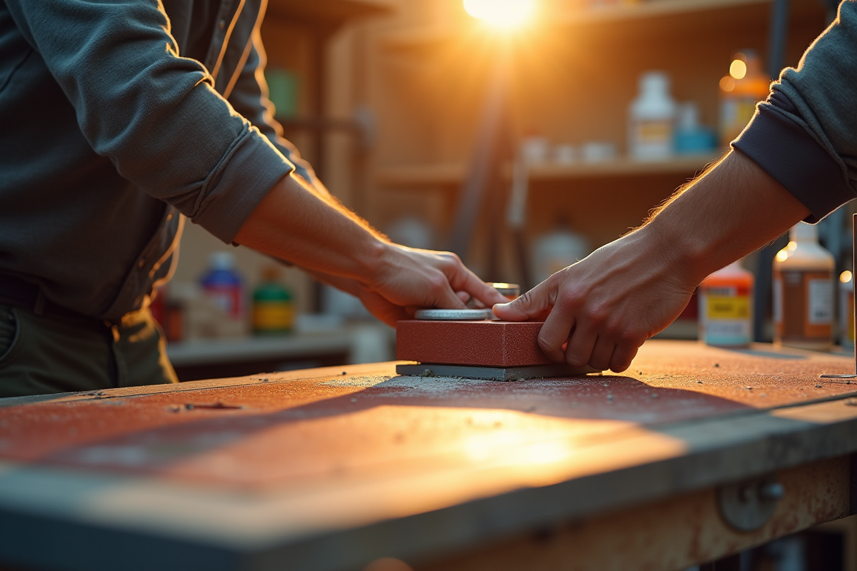 Atelier de bricolage avec resine et outils de ponçage