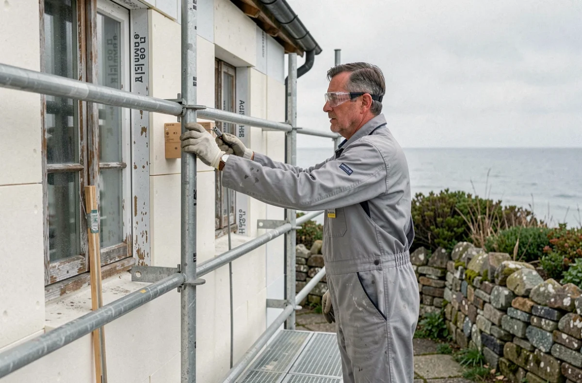 Technicien Atlantiso appliquant un système d'isolation thermique par l'extérieur sur une maison côtière du Finistère