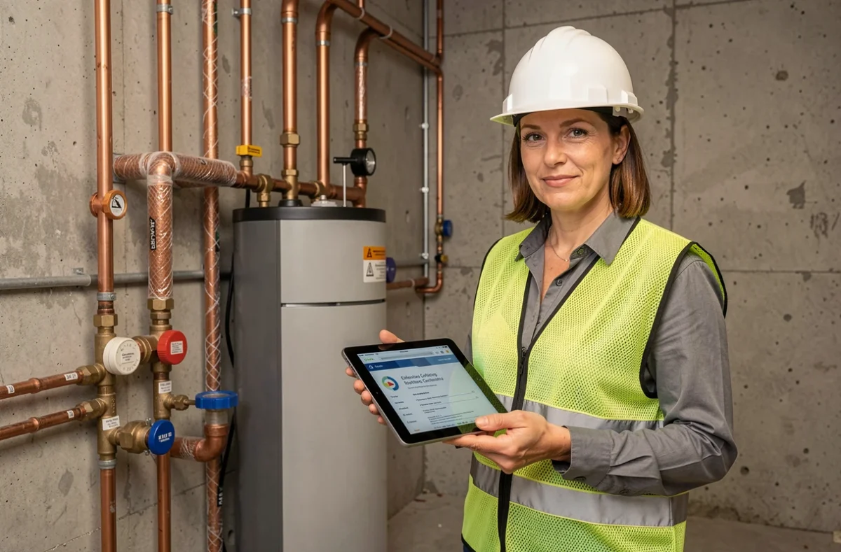 Auditrice énergétique RGE inspectant une installation de pompe à chaleur air-eau dans une chaufferie intérieure