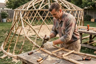Homme en train de construire une yourte en auto-construction, mesurant des lattes en bois courbées dans un atelier extérieur rural