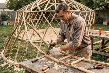 Homme en train de construire une yourte en auto-construction, mesurant des lattes en bois courbées dans un atelier extérieur rural
