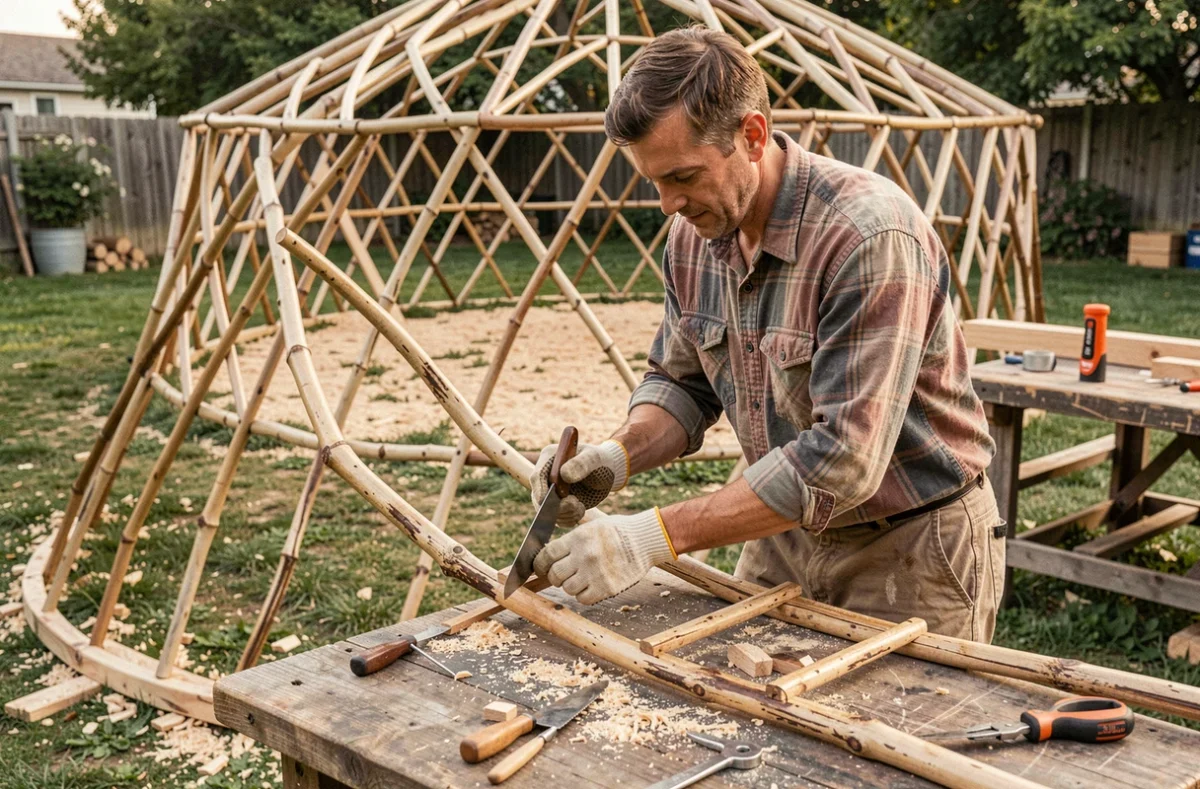 Homme en train de construire une yourte en auto-construction, mesurant des lattes en bois courbées dans un atelier extérieur rural