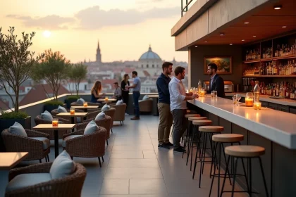 Bar rooftop tendance en centre-ville avec terrasse ouverte, mobilier moderne et vue panoramique sur les toits d'une ville européenne