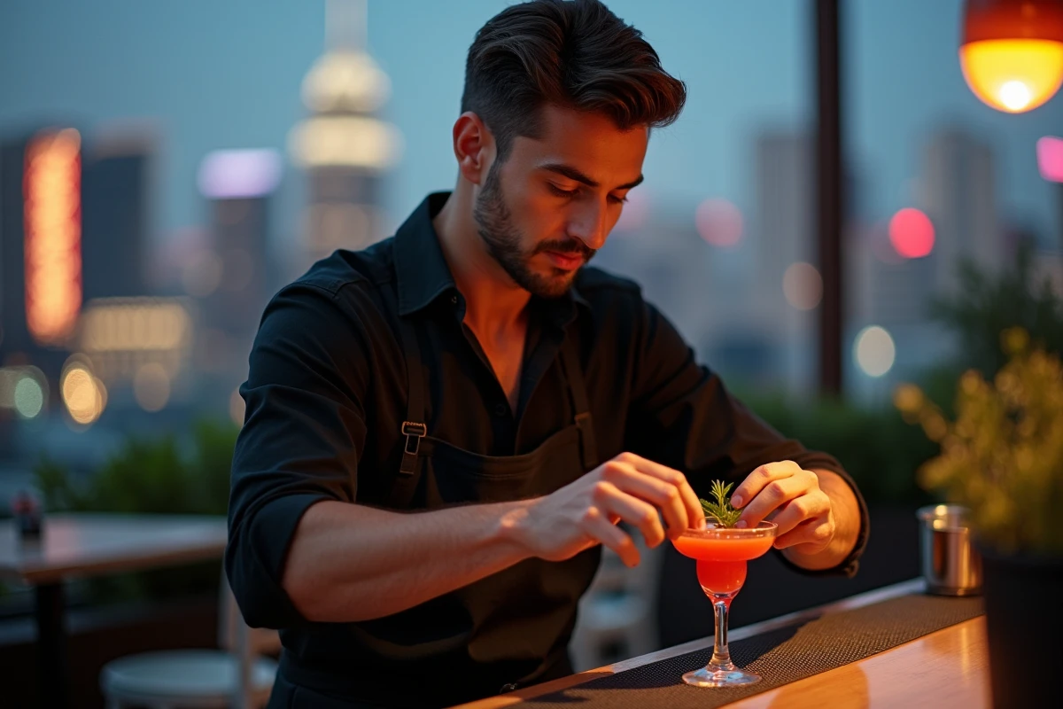 Barman préparant un cocktail artisanal sur un rooftop bar en plein air avec vue sur la ville en arrière-plan