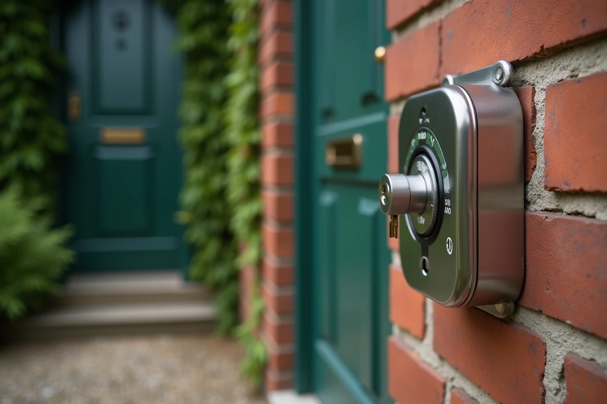 Gros plan d'une boîte à clé à code fixée sur un mur en brique d'une maison individuelle