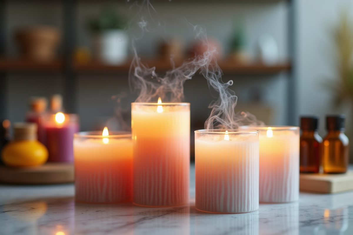 Bougies artisanales allumee avec fumee parfumee en interieur