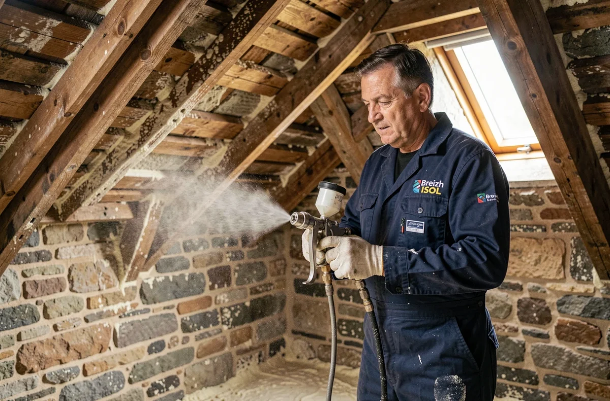 Technicien Breizh Isol appliquant de la mousse isolante dans un grenier breton avec poutres en bois apparentes