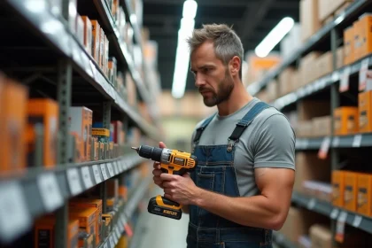 Bricoleur en salopette comparant le prix de perceuses sans fil dans un rayon de magasin de bricolage
