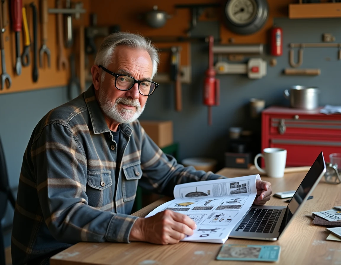 Bricoleur senior consultant un catalogue de mat&eacute;riaux et comparant les prix en ligne dans son atelier garage