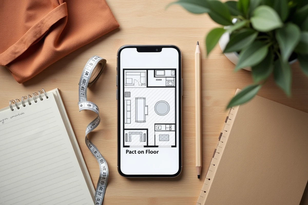 Vue aérienne d'un bureau avec smartphone affichant une application de décoration d'intérieur, mètre ruban et notes de proportions