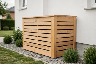 Pompe à chaleur Atlantic installée en extérieur avec un caisson acoustique en bois pour réduire le bruit