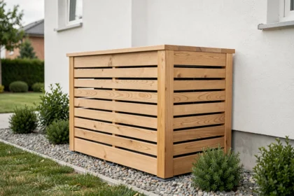 Pompe à chaleur Atlantic installée en extérieur avec un caisson acoustique en bois pour réduire le bruit