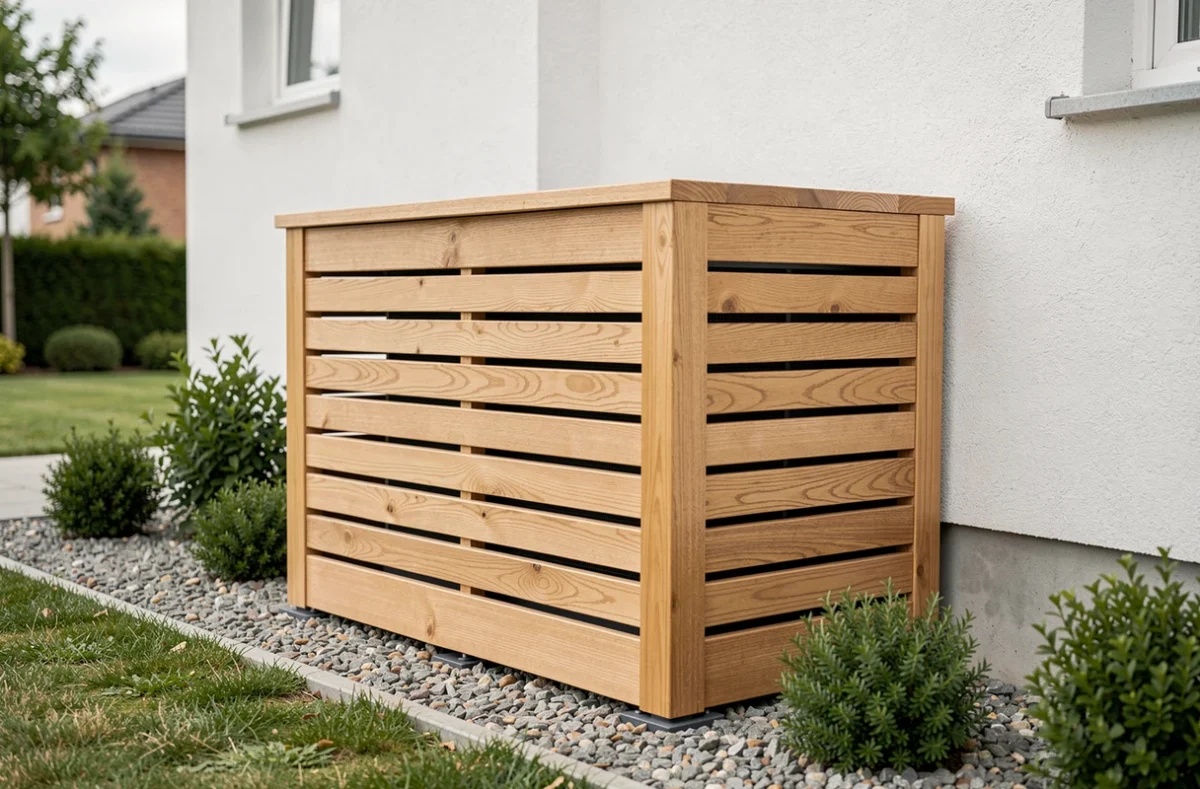Pompe à chaleur Atlantic installée en extérieur avec un caisson acoustique en bois pour réduire le bruit