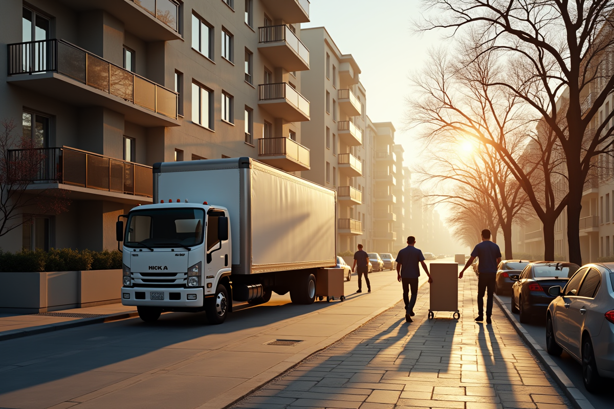 Camion de déménagement garé devant un immeuble en matinée en ville
