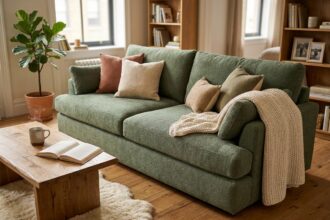 Grand canapé en tissu chenille vert sauge dans un salon cocooning avec plaids et coussins chaleureux